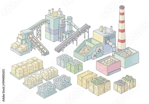 Isometric factory processing raw materials and finished goods with conveyor belts and bins