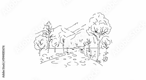 A whimsical sketch of a winding path through trees towards distant mountains