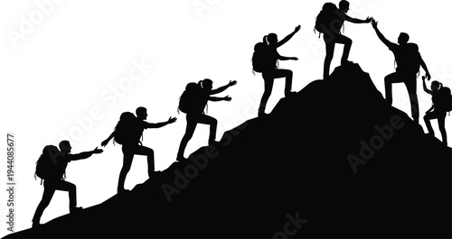Mountain climbers silhouette helping each other reach summit, teamwork and adventure concept, hikers with backpacks climbing peak together