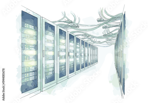 Server room with rows of glowing racks and cables overhead, digital art illustration