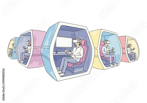 People experiencing virtual reality in individual pods, enjoying immersive gaming and entertainment