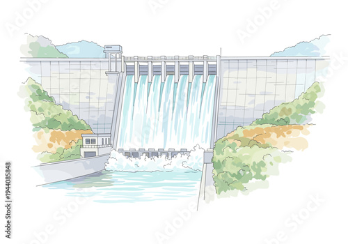 Illustrative drawing of a large concrete dam with water flowing through spillways into a reservoir