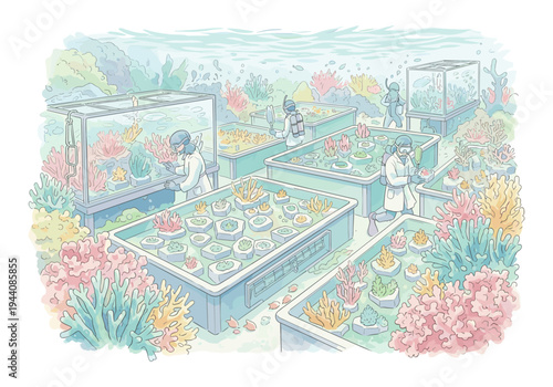 Scientists in diving gear study coral reefs in underwater research tanks