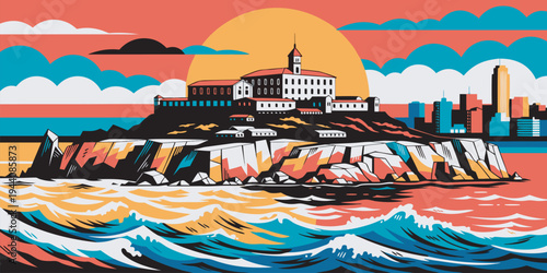 Colorful Coastal City and Island Fortress at Sunset – Ocean Waves Landscape Vector Illustration