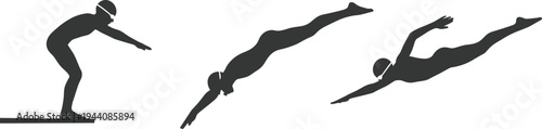 Black Swimmer Dive and Stroke Silhouettes — Diving, Butterfly, and Freestyle Swimming Poses