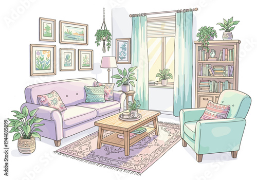 Cozy living room with plants, sofa, armchair, coffee table, and bookshelf