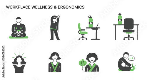 Set of 8 Workplace Wellness and Ergonomics Vector Icons