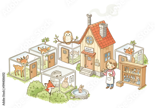 Cute cartoon illustration of a wildlife rehabilitation center with various animals in enclosures