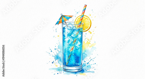 Watercolor illustration of a vibrant Blue Lagoon cocktail with lemon, vector clipart