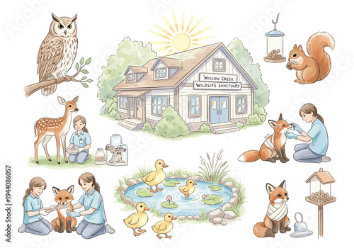 Wildlife sanctuary caring for injured and orphaned animals with a veterinarian and volunteers