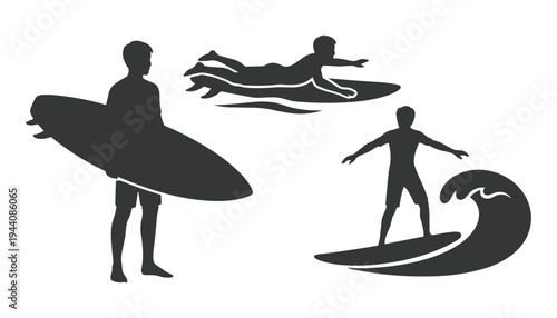 Black Surfer Silhouette Set — Standing with Board, Paddling, and Riding Wave Poses