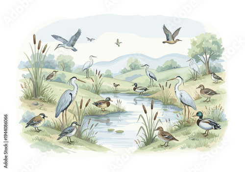 Diverse waterfowl and wading birds gather by a tranquil pond in a lush, green landscape