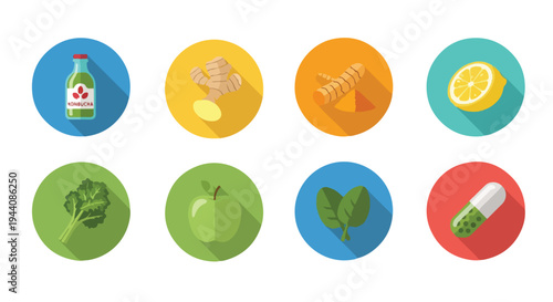 Set of 8 Flat Design Healthy Food and Supplement Vector Icons isolated PNG with Transparent Background