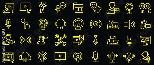 Podcast web icons in line style. Microphone, radio, webcast, audio, video, news, collection. Vector illustration.