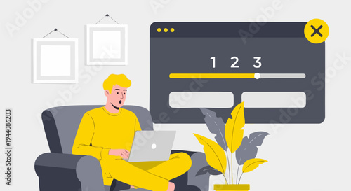 Young man in yellow clothes sitting on an armchair using a laptop with a dark interface window showing a progress bar and numbers 1, 2, 3 in the background, flat vector illustration.