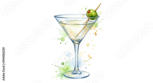 Watercolor illustration of a classic Dry Martini cocktail with a green olive, vector clipart
