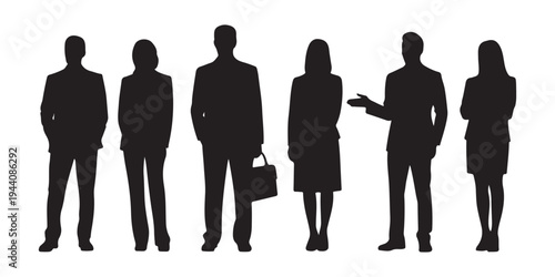 Various business people silhouettes including men and women in formal suits and dresses on white background