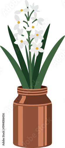 White narcissus flowers in brown ceramic vase isolated on white background, vector illustration
