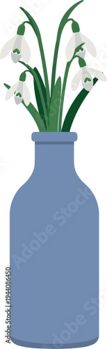 Minimalist snowdrop flowers in blue vase vector illustration for spring decor and greeting cards