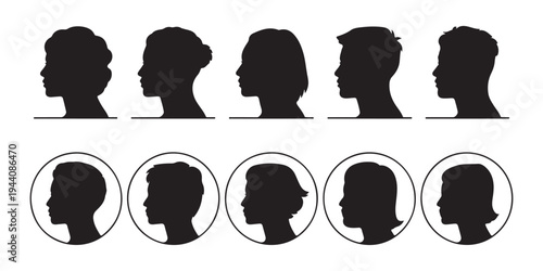 Side view portrait silhouettes of men and women with different hairstyles including circle and border designs