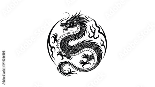 Elegant black and white dragon encircling a circular globe design Vector