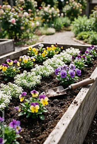 Wallpaper Mural Wooden raised garden bed with colorful pansies and alyssum. Spring gardening with tools in backyard Torontodigital.ca