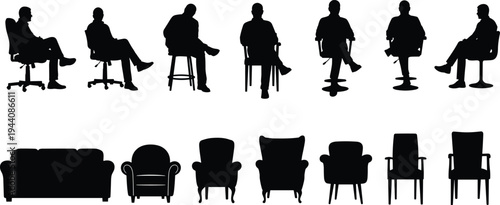 People sitting chair silhouettes collection, men sitting on office chairs and armchairs furniture set isolated black vector illustration