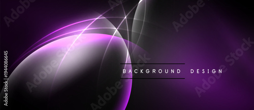 Abstract purple design features curved lines, gradients. Dark background creates dramatic visual effect. Modern, elegant composition.