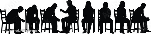 People sitting on chairs silhouette set, group waiting in line, conversation and stress poses, social interaction concept