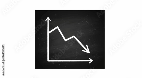 A white line graph shows a downward trend on a dark textured background