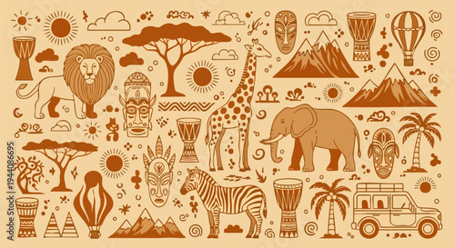 Set of 30+ African Safari and Wildlife Vector Icons with Animals, Tribal Masks, Mountains, and Nature Elements for Travel and Culture Designs