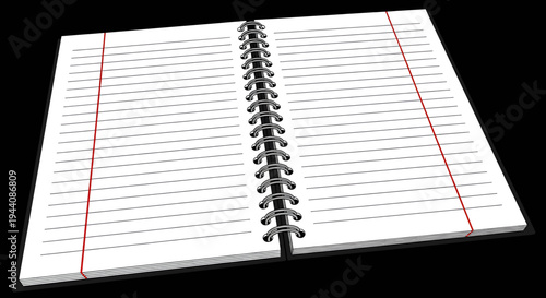 Open Spiral Notebook with Lined Pages and Red Margin, Blank Stationery for Writing and Note-Taking, Isolated on Black