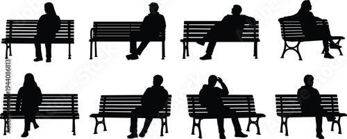 People sitting on park bench silhouette set, men and women relaxing outdoor seating poses collection isolated on white