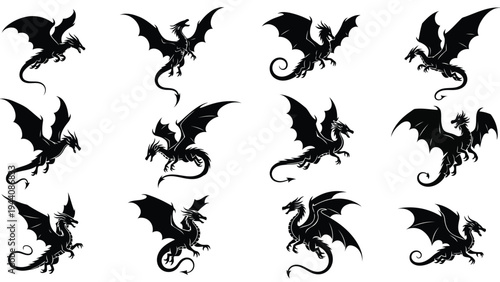 A collection of twelve stylized black silhouettes of dragons in various flight poses Vector