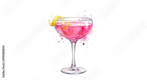 Watercolor illustration of an elegant pink Cosmopolitan cocktail in a coupe glass, vector clipart