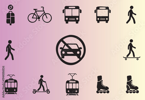 Collection of transport and pedestrian icons isolated on gradient background