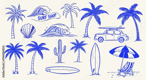 Set of 16 Hand-Drawn Blue Summer Beach and Tropical Vacation Vector Icons with Palm Trees, Surfboards, Waves, Car, and Beach Umbrella for Travel Designs