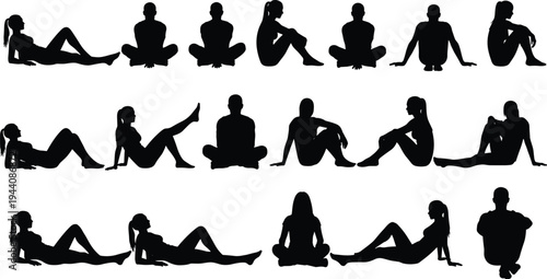 People sitting silhouettes collection, men and women relaxed seated poses, casual human positions vector illustration isolated on white