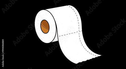 Clean White Toilet Paper Roll Unrolling on Black Background, Simple Cartoon Illustration with Textured Detail