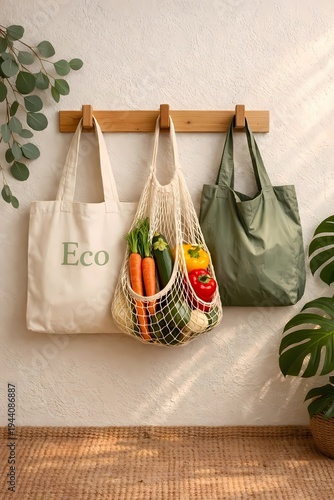 Three reusable bags on wooden hooks: cotton tote with 