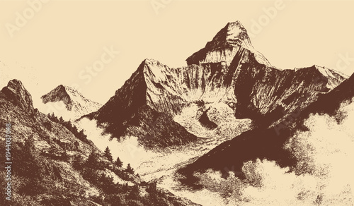 Mount Everest landscape illustration in a vintage style. This vector illustration can be used in any size you like for advertising, logos, and other work.