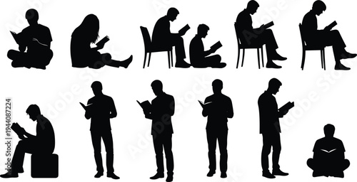 Reading people silhouettes collection, men and women reading books sitting and standing poses education study concept isolated black vector illustration