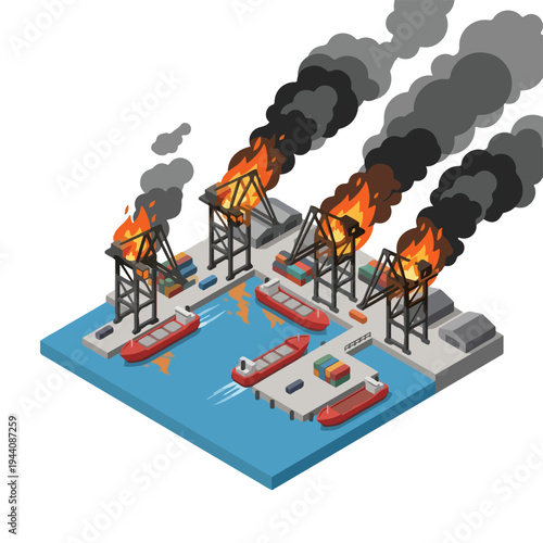 isometric vector flat a damaged port burned by a missile attack 02