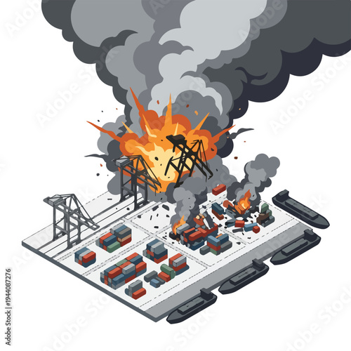 isometric vector flat a damaged port burned by a missile attack 2