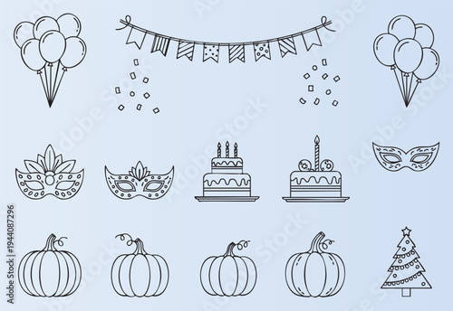 Handdrawn celebration icons with balloons cakes and masks collection