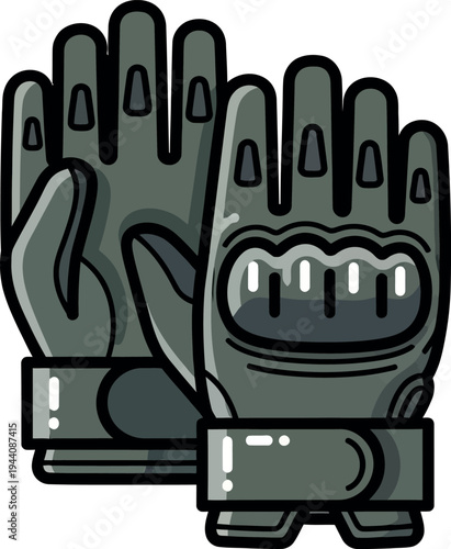 Gray robotic gloves with black outlines and white accents