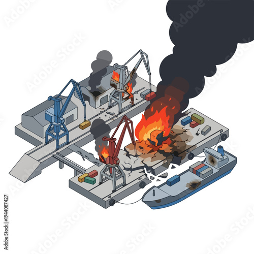 isometric vector flat a damaged port burned by a missile attack 002