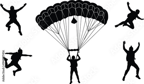 Skydiving parachute silhouettes collection, parachutist jumping and landing poses set extreme sport adventure figures isolated black vector illustration