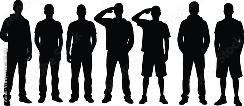 Standing men silhouette collection, male figures in casual clothing with different poses including salute gesture, people character set