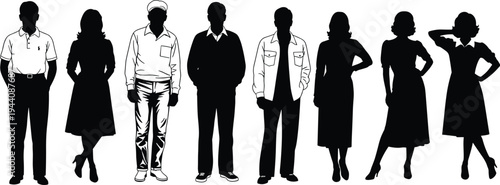Standing people silhouette set, men and women full body figures, casual standing poses, human character collection isolated on white